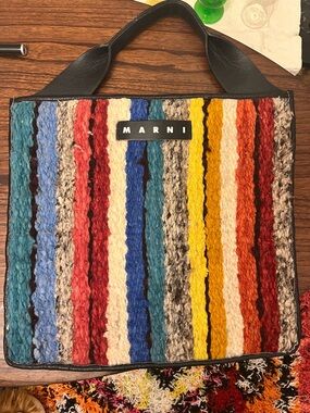 Marni Multicolor Vertical Stripe Wool Tote with Black Handles
